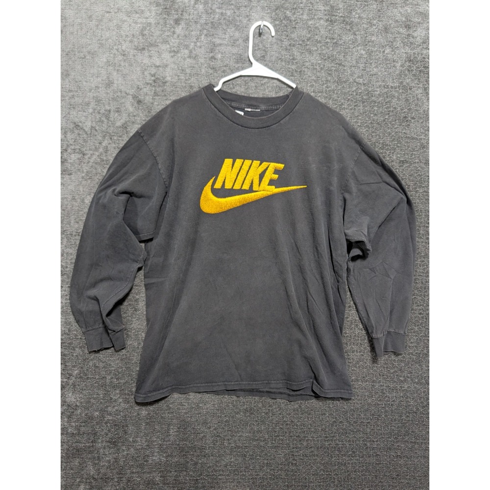 Nike Long Sleeve T-Shirt Faded Black Yellow Embroidered Logo Mens Large 1465